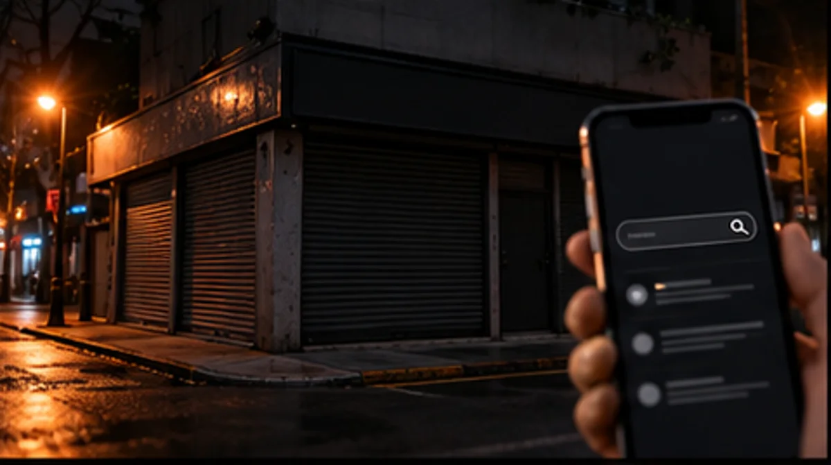 Pequena loja fechada à noite enquanto um celular mostra resultados de busca