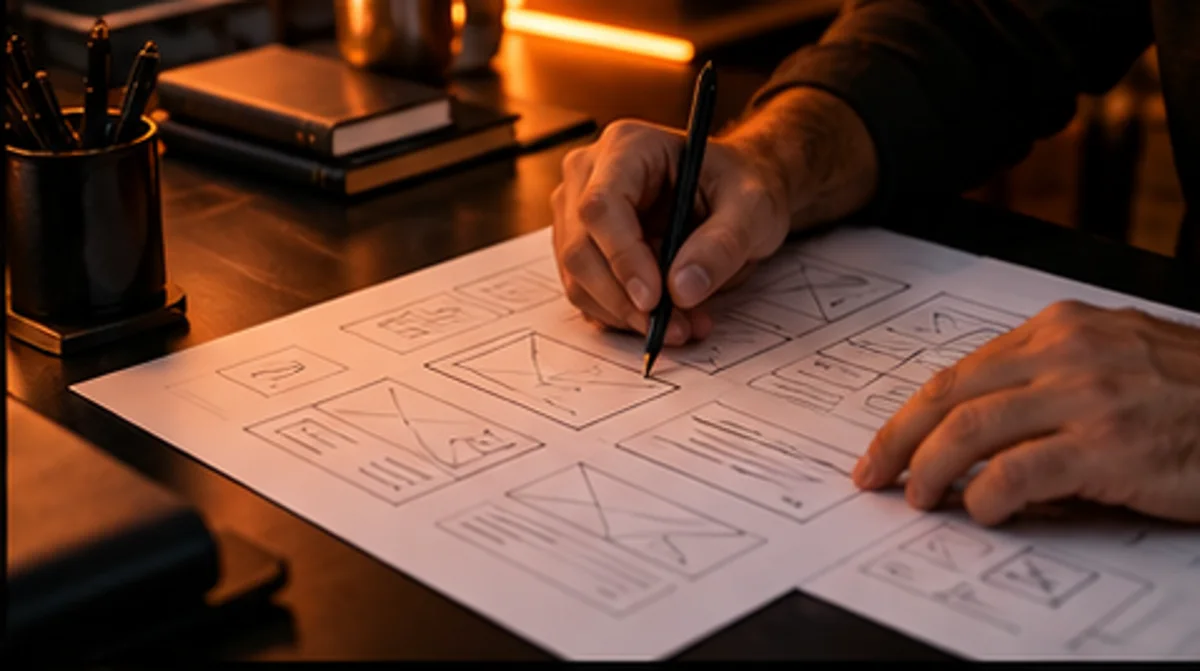 Mãos desenhando o layout de um site